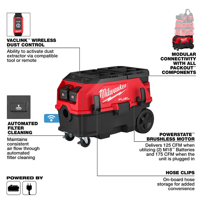MILWAUKEE 0888-20HD M18 FUEL™ 9 Gallon Dual Battery Dust Extractor w/ PACKOUT™ Compatibility and VACLINK™ Kit