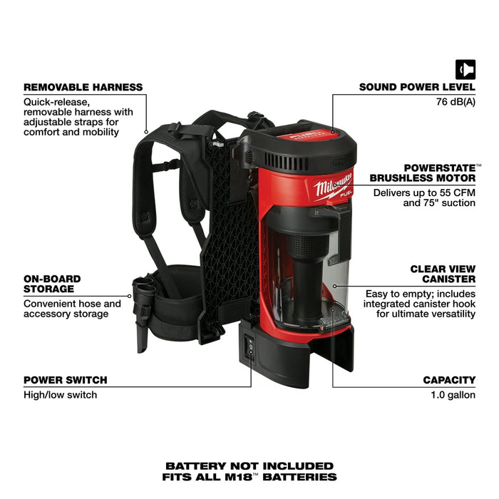 Aspiradora de mochila 3 en 1 MILWAUKEE M18 FUEL™ (solo herramienta)