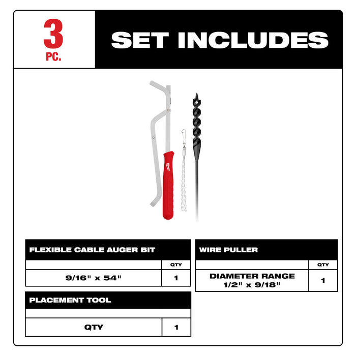 MILWAUKEE 3 PIEZAS. Juego de puntas de barrena de cable flexible de 9/16" x 54"