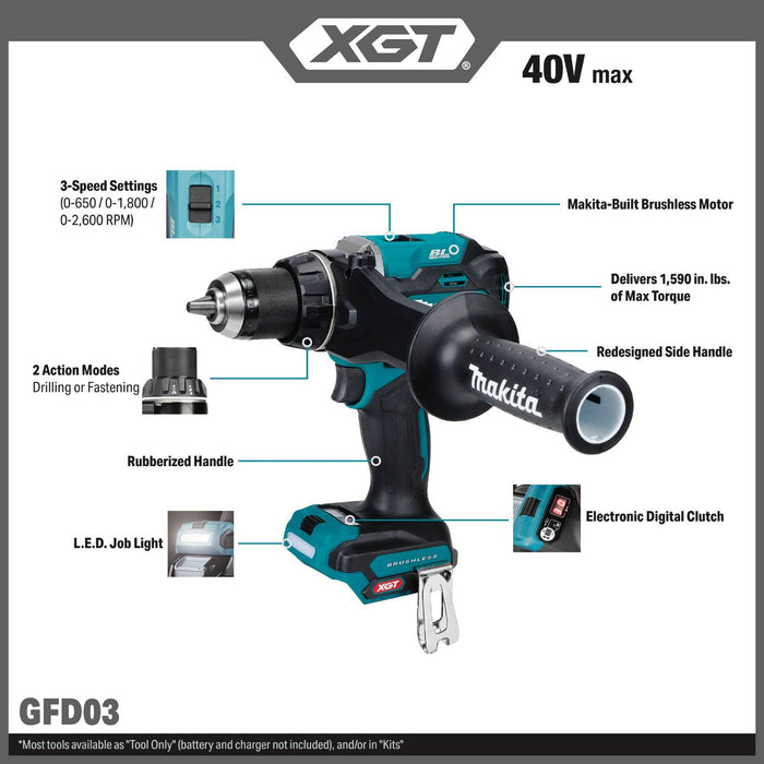 Makita GFD03Z 40V max XGT® Brushless Cordless 3-Speed 1/2" Driver-Drill, Tool Only