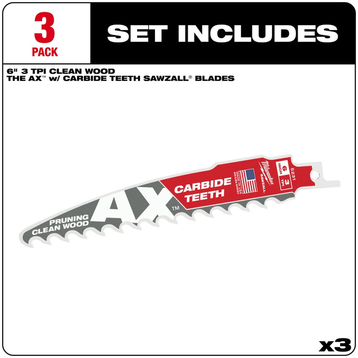 MILWAUKEE 3 TPI AX™ Pruning Clean Wood SAWZALL® Blade w/ Carbide Teeth (3 PACK)
