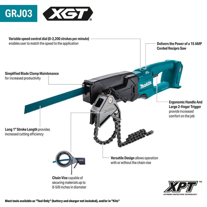 Makita GRJ03Z 40V max XGT® Brushless Cordless Recipro Pipe Saw w/ Chain Vise, Tool Only