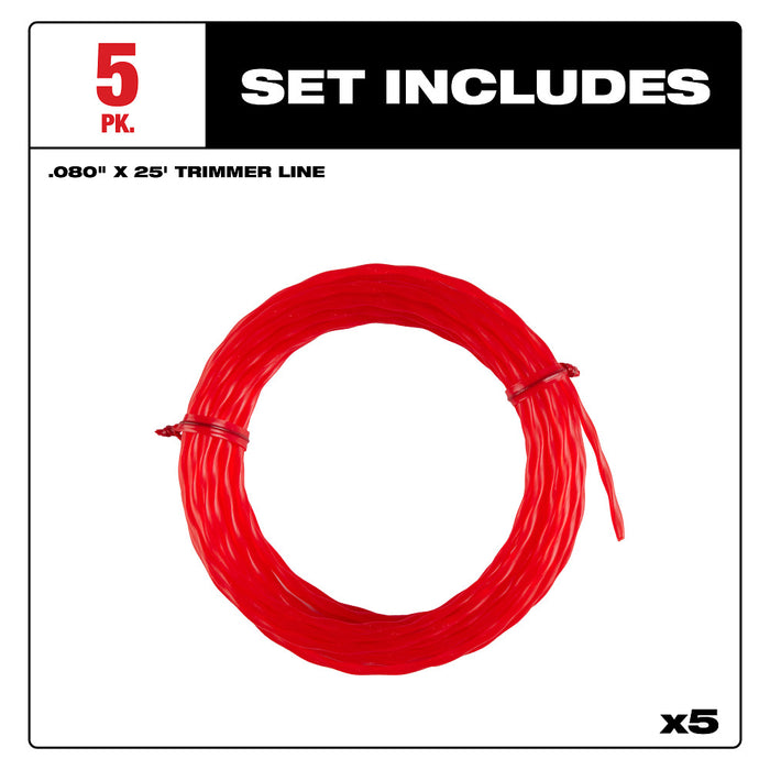 MILWAUKEE .080" X 25’ Pre-Cut Twisted Trimmer Line (5 PACK)