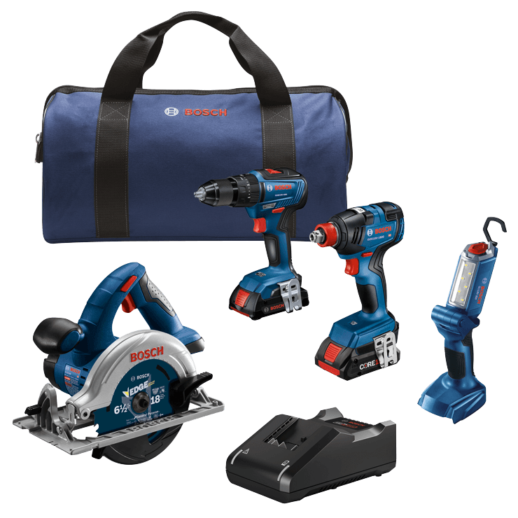 BOSCH 18V 4-Tool Combo Kit with Two-In-One 1/4 In. and 1/2 In. Bit/Socket Impact Driver/Wrench, 1/2 In. Hammer Drill/Driver, 6-1/2 In. Circular Saw and LED Worklight with (1) CORE18V® 4 Ah Advanced Power Battery and (1) 2 Ah Standard Power Battery