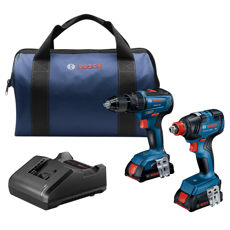 BOSCH 18V 2-Tool Combo Kit with 1/2 In. Hammer Drill/Driver, Two-In-One 1/4 In. and 1/2 In. Bit/Socket Impact Driver/Wrench and (2) 2 Ah Standard Power Batteries