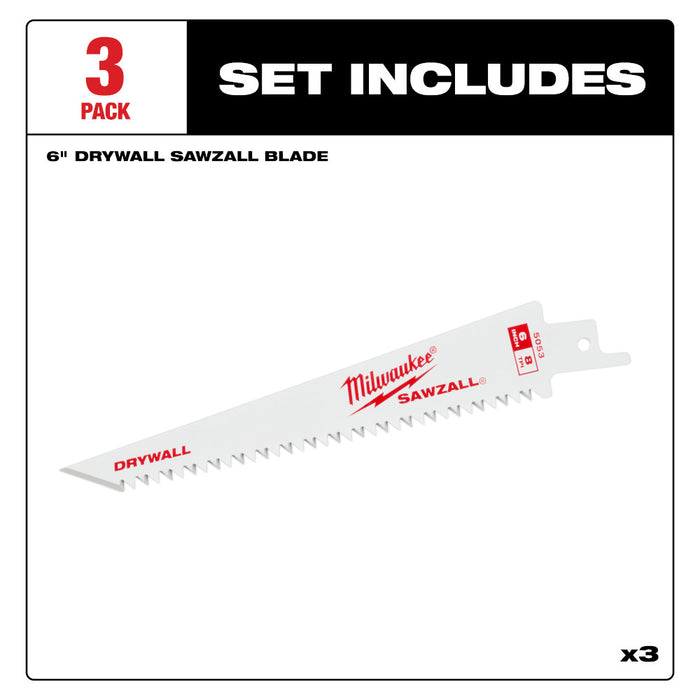 MILWAUKEE 6” 8 TPI Drywall SAWZALL™ Blades (3 PACK)