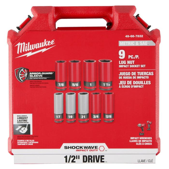 MILWAUKEE SHOCKWAVE IMPACT DUTY™ 1/2 Drive SAE y Métrico 9 PC. Juego de llaves de tuercas para ruedas