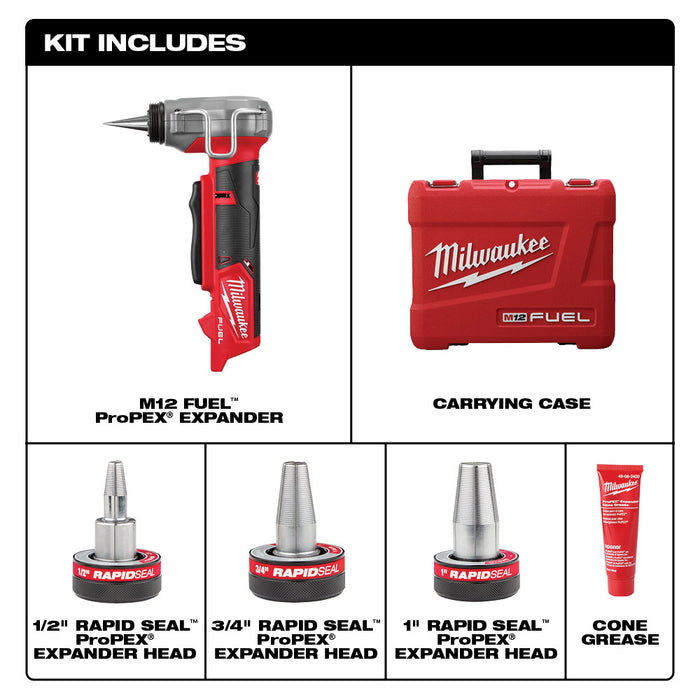 Expansor MILWAUKEE M12 FUEL™ ProPEX® con cabezales expansores RAPID SEAL™ ProPEX® de 1/2"-1"