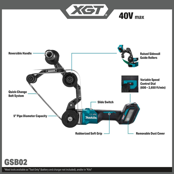 Makita GSB02Z 40V max XGT® Brushless Cordless 1-9/16" x 30" Pipe Belt Sander, Tool Only