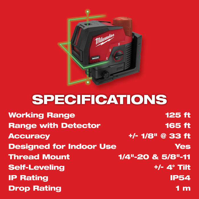 Láser de puntos de plomada y líneas cruzadas verdes MILWAUKEE M12™ (solo herramienta)