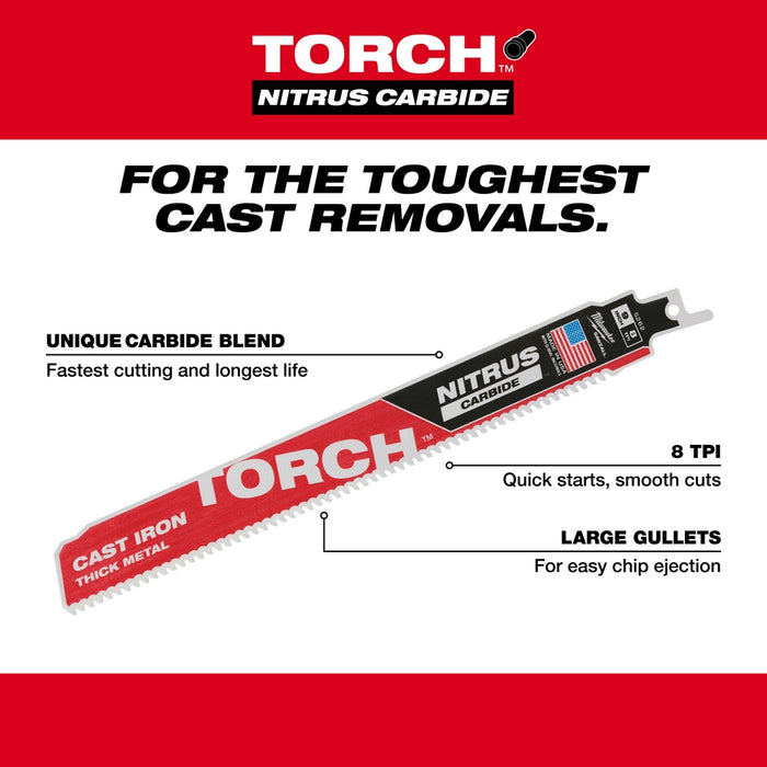 MILWAUKEE 8 TPI TORCH™ Cast Iron SAWZALL® Blade w/ NITRUS CARBIDE™ (5 PACK)