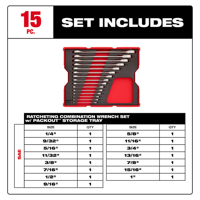 Milwaukee 15pc. Metric Ratcheting Combination Wrench Set with Tray for PACKOUT™ Drawers 48-22-0157