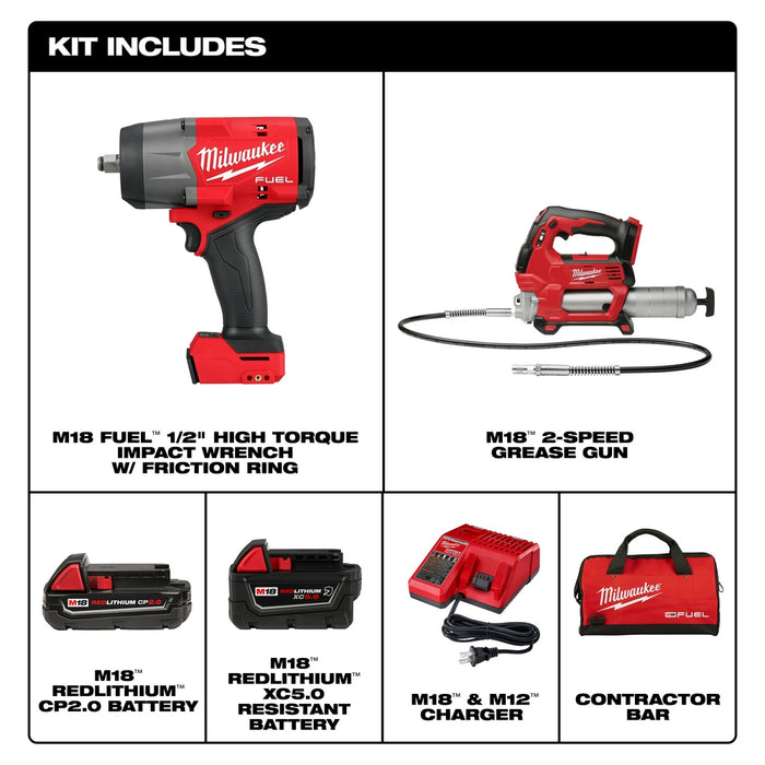 Milwaukee M18 FUEL 1/2" High Torque Impact Wrench and Grease Gun Combo Kit M18 2967-22GG