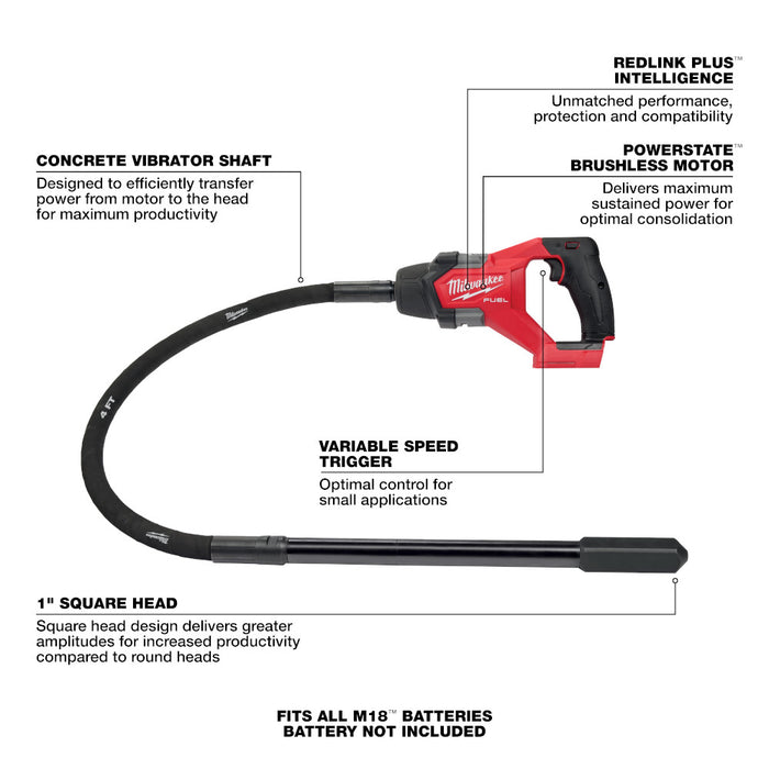 Vibrador tipo lápiz para concreto MILWAUKEE M18 FUEL™ de 4' (solo herramienta)