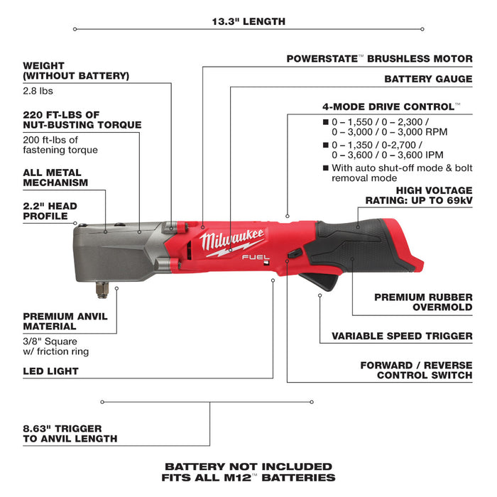 Llave de impacto de ángulo recto MILWAUKEE M12 FUEL™ de 3/8" con anillo de fricción (solo herramienta)