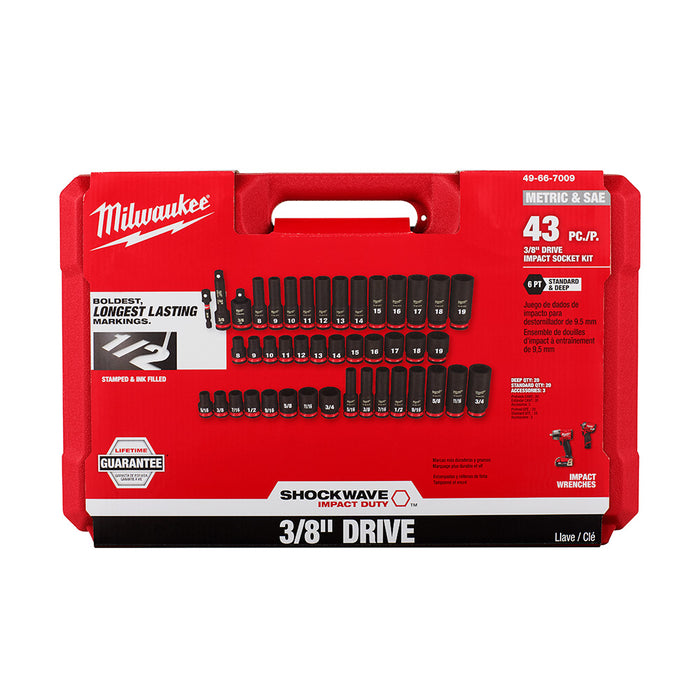 MILWAUKEE 43 PC. SHOCKWAVE IMPACT DUTY 3/8" Drive SAE & Metric Deep 6 Point Socket Set