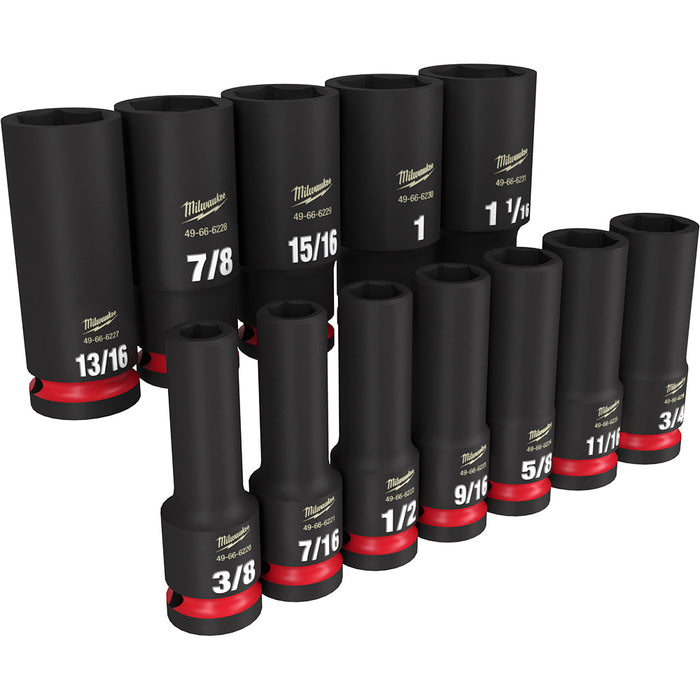 MILWAUKEE Juego de llaves de vaso de 6 puntos profundos SAE con accionamiento de 1/2" SHOCKWAVE Impact Duty de 12 piezas