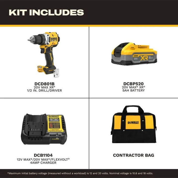 DEWALT 20V MAX XR 1/2 Inch Drill Driver Kit with 5 Ah POWERSTACK