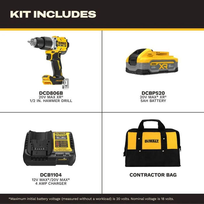 DEWALT 20V MAX XR 1/2 Inch Hammer Drill 5 Ah Kit