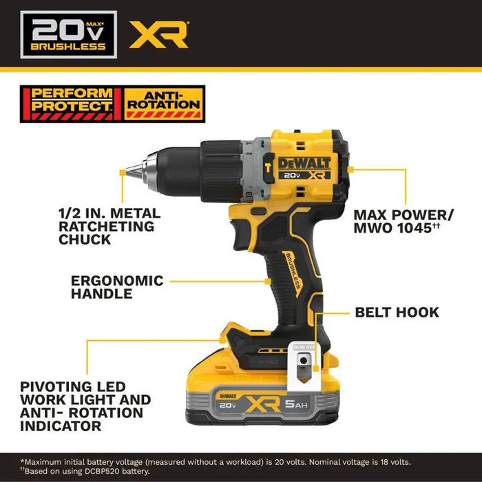 DEWALT 20V MAX XR 1/2 Inch Hammer Drill 5 Ah Kit