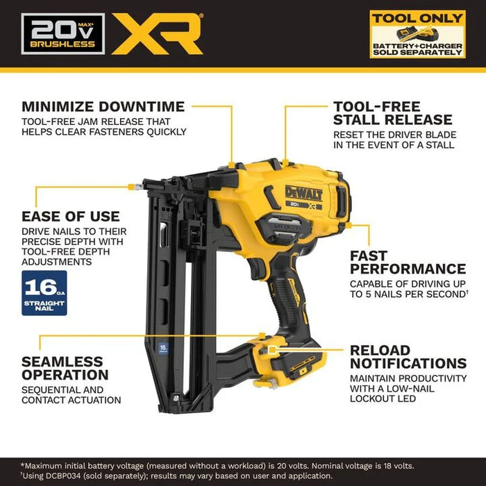 DEWALT 20V MAX XR 16 Gauge Straight Finish Nailer (Bare Tool)