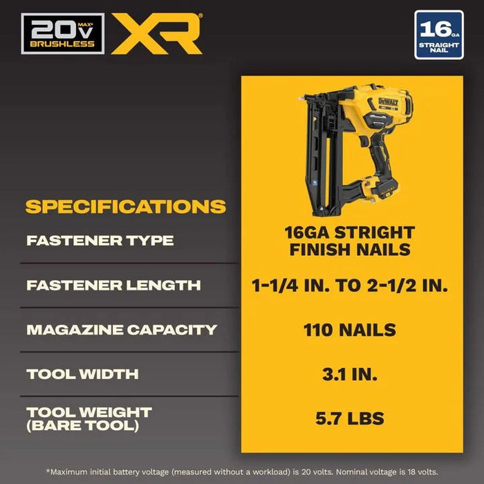 DEWALT 20V MAX XR 16 Gauge Straight Finish Nailer (Bare Tool)