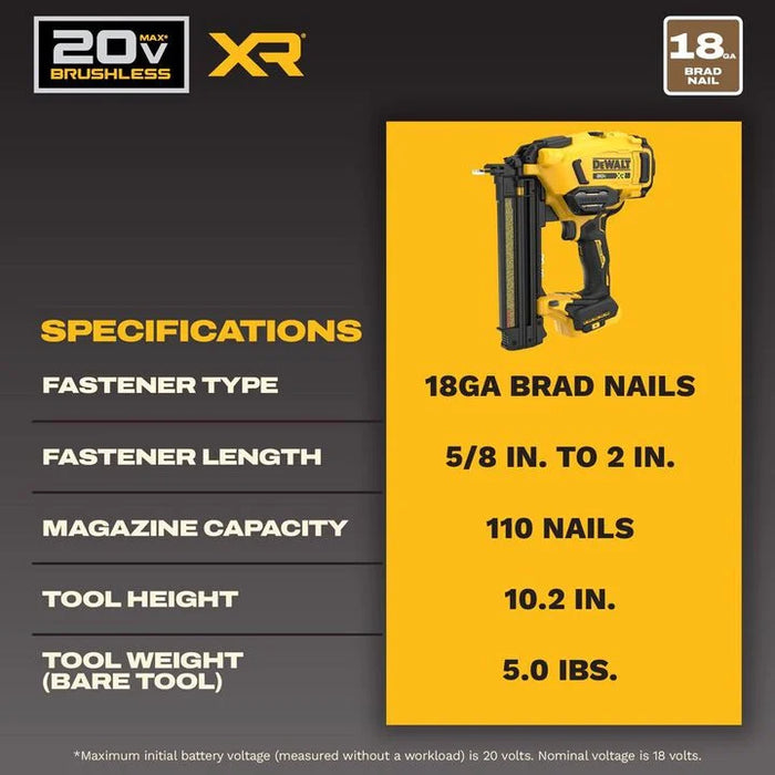 DEWALT 20V MAX XR 18 Gauge Brad Nailer (Bare Tool)