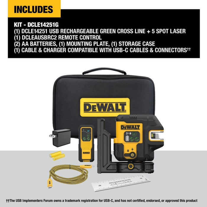 DEWALT USB Rechargeable Green 5 Spot and Cross Line Laser Kit DCLE14251G