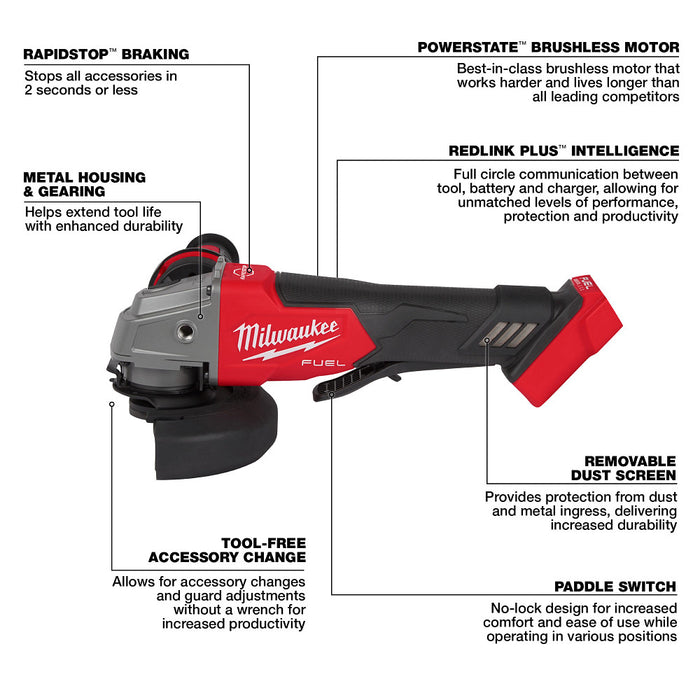 Amoladora con freno MILWAUKEE M18 FUEL™ de 4-1/2" / 5" con interruptor sin bloqueo de paleta (solo herramienta)