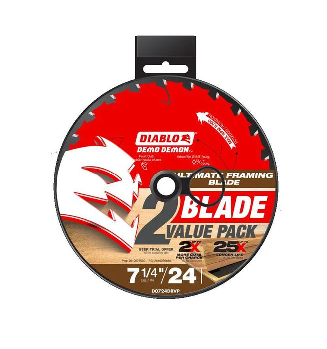 DIABLO 7-1/4 inch x 24 Tooth PYR Ultimate Framing Circular Saw Blade with 5/8 inch Diamond Arbor 2 Pack