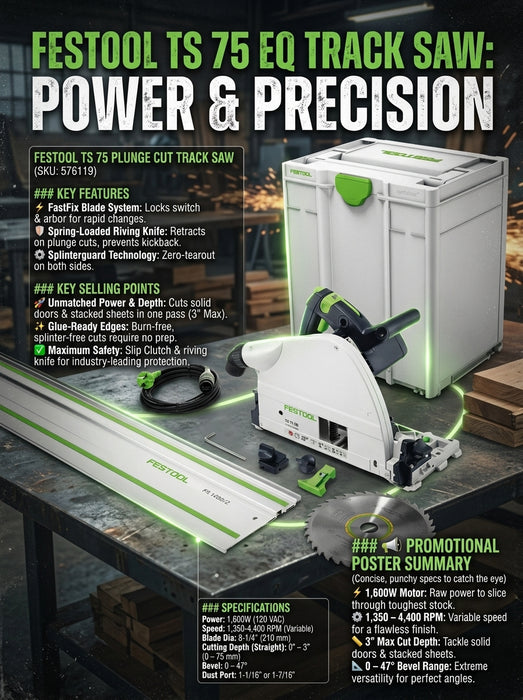 Festool TS 75 Plunge Cut Saw Kit with 75" Guide Rail and 2-3/4" Cut Depth 576119