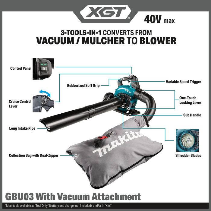 Makita GBU03ZV 40V max XGT® Brushless Blower with Vacuum Attachment Tool Only