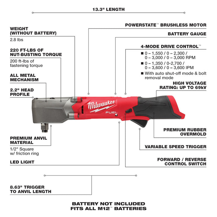 MILWAUKEE M12 FUEL™ 1/2" Right Angle Impact Wrench w/ Friction Ring (Tool Only)