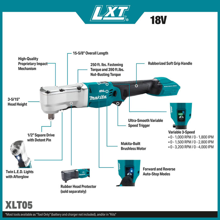 Makita XLT05Z 18V LXT® Lithium-Ion Brushless Cordless High Torque 1/2" Sq. Drive Angle Impact Wrench w/ Detent Pin, Tool Only