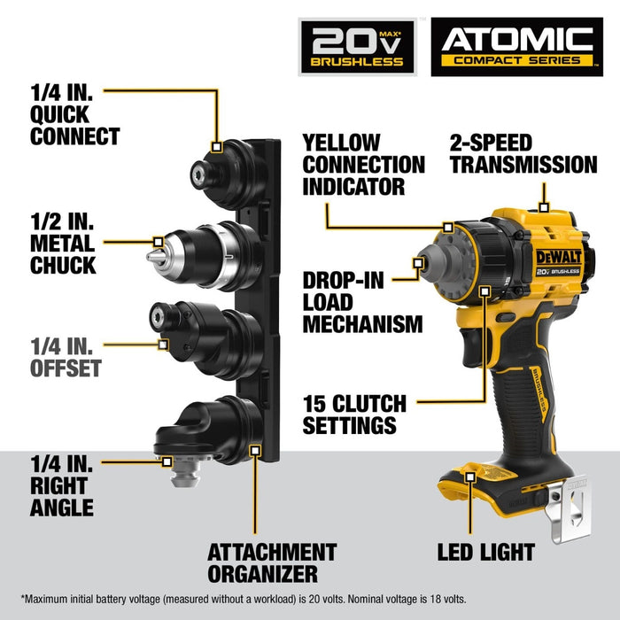 DeWALT DCD803B ATOMIC 20V MAX 5-in-1 Brushless Cordless Multi-Head Drill/Driver, Tool Only