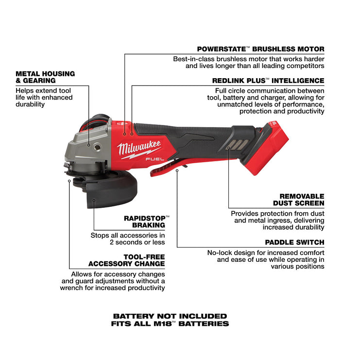 Amoladora con freno de velocidad variable MILWAUKEE M18 FUEL™ de 4-1/2" / 5" con interruptor sin bloqueo de paleta (solo herramienta)