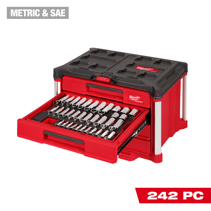Milwaukee 1/4 Inch, 3/8 Inch, and 1/2 Inch Drive Metric and SAE Ratchet and Socket Set with PACKOUT 4-Drawer Tool Box, 242 Pieces 48-22-9491