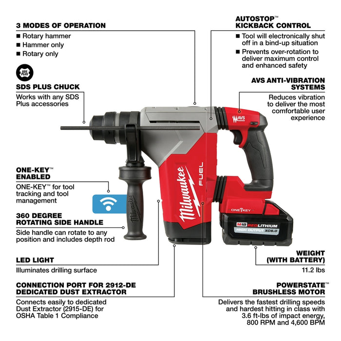 MILWAUKEE M18 FUEL 1-1/8" SDS PLUS Rotary Hammer w/ ONE-KEY Kit w/ HAMMERVAC Dedicated Dust Extractor