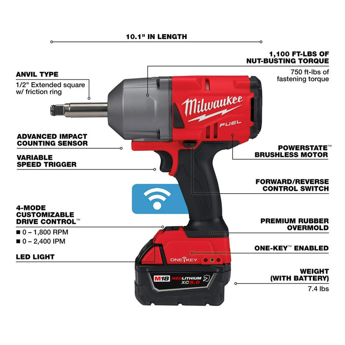 MILWAUKEE M18 FUEL™ 1/2” Ext. Anvil Controlled Torque Impact Wrench w/ ONE-KEY™ Kit