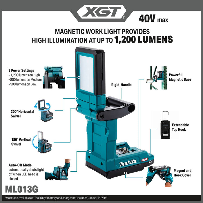 Makita ML013G 40V max XGT® Lithium-Ion L.E.D. Magnetic Work Light, Light Only