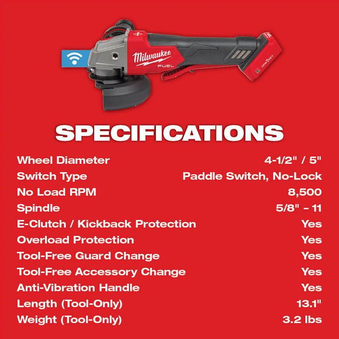 MILWAUKEE M18 FUEL 4-1/2" / 5" Braking Grinder w/ ONE-KEY & Paddle No Lock Switch (Tool Only)