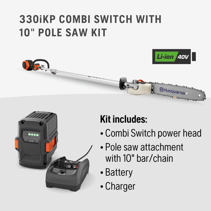 Husqvarna 330iKP 18 inch Dual Direction Straight shaft 40V Battery Powered Cordless Attachment Capable Combi Switch and Polesaw Attachment with, 4 Ah Battery and Charger Included