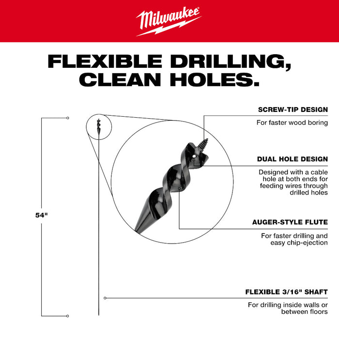 MILWAUKEE 3 PIEZAS. Juego de puntas de barrena de cable flexible de 9/16" x 54"