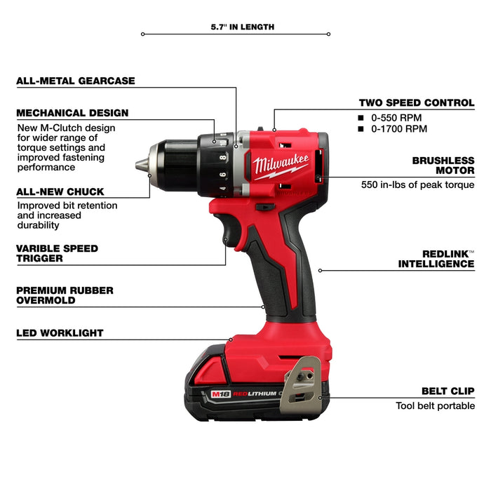 Milwaukee M18 Compact Brushless 1/2" Drill/Driver Kit 3601-22CT