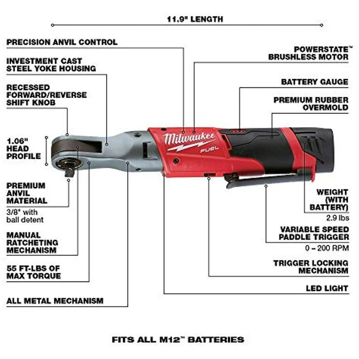 Milwaukee Tools M12 FUEL 3/8" HI SPD RAT KIT 1B 2567-21H