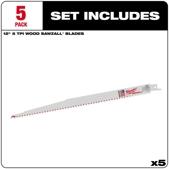 MILWAUKEE 12" 5 TPI SAWZALL® Blade (5 PACK)