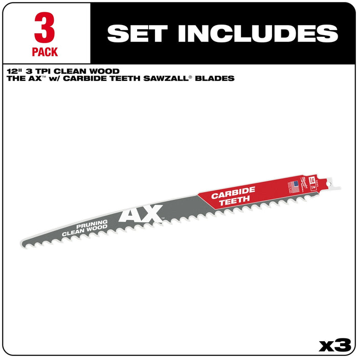 MILWAUKEE 3 TPI AX™ Pruning Clean Wood SAWZALL® Blade w/ Carbide Teeth (3 PACK)