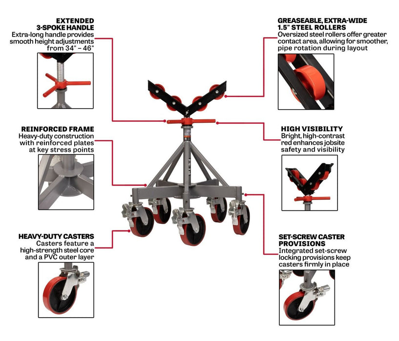 JET JT1-2405 5-Leg Pipe Jack Stand w/ Casters & Steel Rollers (JPJ-5LG-SR)