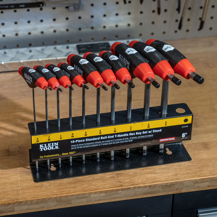 KLEIN TOOLS JOURNEYMAN™ 10 PC. 6" SAE Ball-End T-Handle Hex Key Set w/ Stand