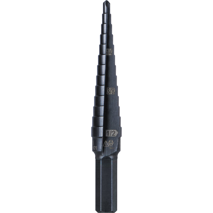 KLEIN TOOLS 13-Step Drill Bit, 3/8-Inch Hex, Double Straight Flute, 1/8-Inch to 1/2-Inch